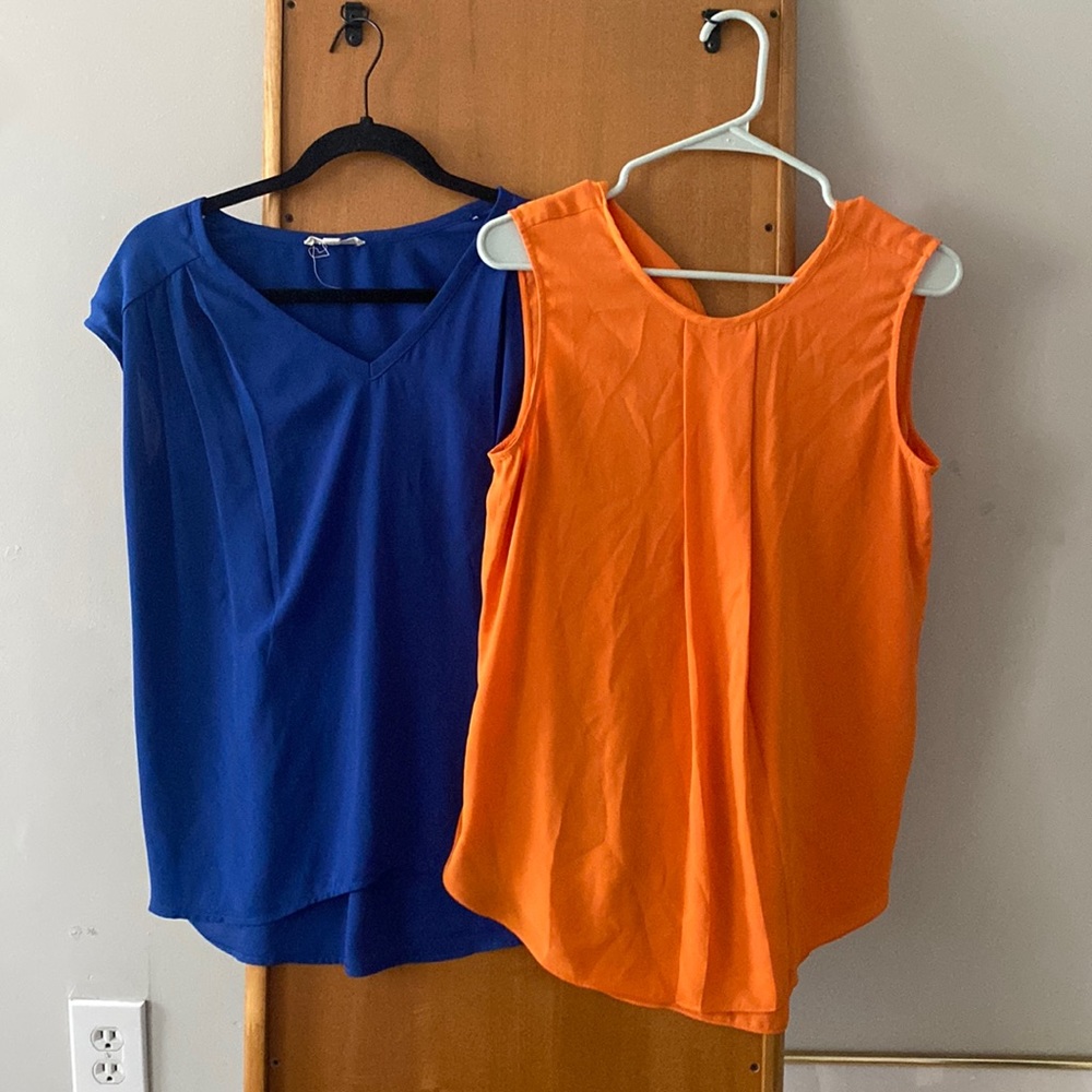 PLEIONE VINCE CAMUTO WORK BLOUSE SLEEVELESS ORANGE BLUE TOPS SMALL